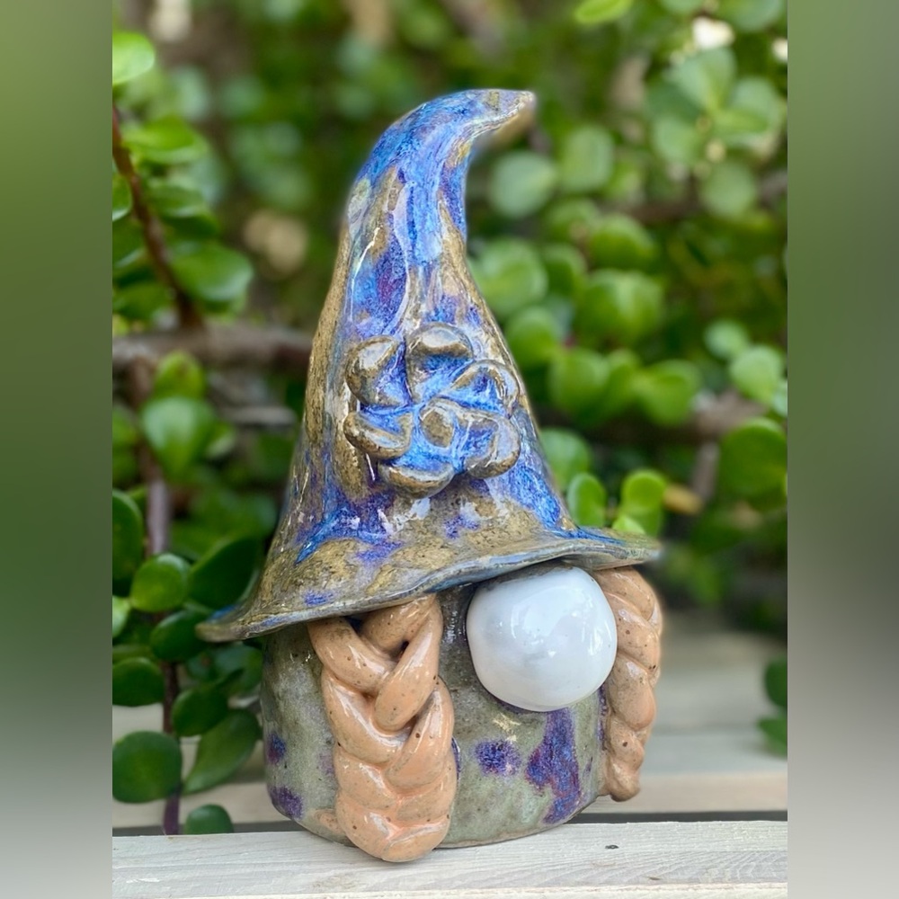 Handcrafted Blue and Tan Ceramic Gnome